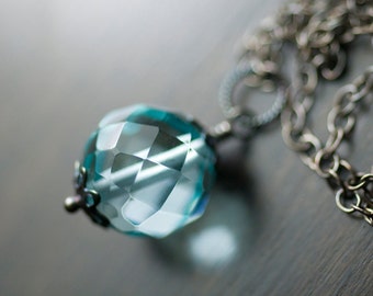 Aqua Blue Quartz Necklace Sterling Silver Gemstone Wrapped Pendant Oxidized Ice Blue Carribean Sea - "Blue Lagoon"