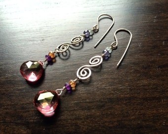Pink Quartz, Amethyst, Aquamarine, Andalusite, Sterling Silver Dangle Earrings - "Sakura"