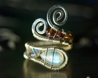 Moonstone Argentium Silver Gemstone Wirework Ring - Fire Rainbow Moonstone, Labradorite, Sapphire, Garnet, June Birthstone - "Moonrise"