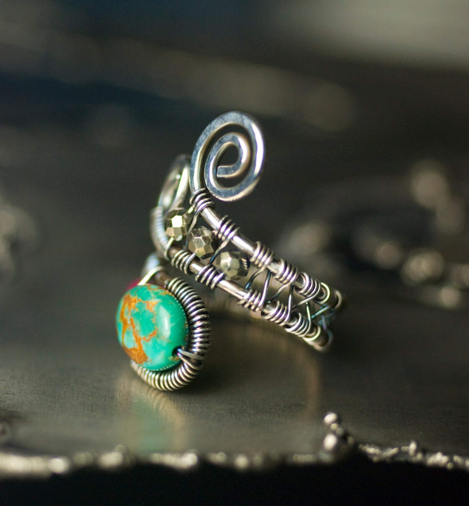 Turquoise Ruby Pyrite Sterling Silver Wirework Ring Raspberry Red ...