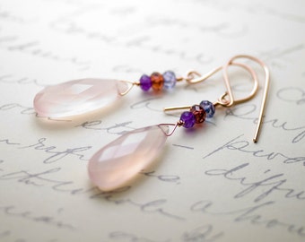 Rose Chalcedony, Amethyst, Garnet, Mystic Blue Quartz Rose Gold Earrings - "Cherry Blossom"