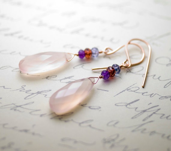 Rose Chalcedony, Amethyst, Garnet, Mystic Blue Quartz Rose Gold Earrings - "Cherry Blossom"