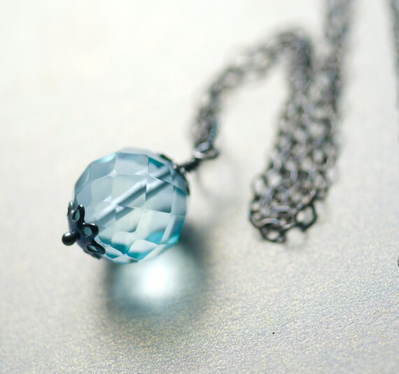 Aqua Blue Quartz Necklace: Oxidized Sterling Silver Gemstone