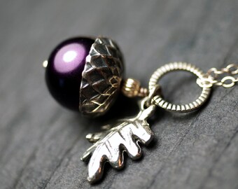 Purple Glass Pearl Acorn Oak Leaf Sterling Silver Necklace - "Sylvan Wood"