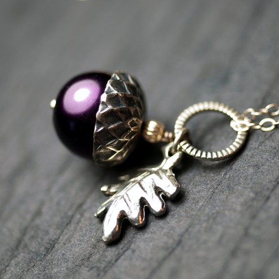 Purple Glass Pearl Acorn Oak Leaf Sterling Silver Necklace sylvan Wood -  Etsy