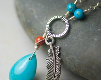 Turquoise Necklace, Red River Jasper, Sterling Silver Necklace - Robin's Egg Blue, Feather Charm, December Birthstone - "Azure Wind"