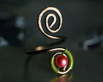 Copper Toe Ring, Hot Raspberry Pink Freshwater Pearl, Green, Bronze Copper Spiral Wirework Toe Ring, Hot Pink - "Sorbet Summer"