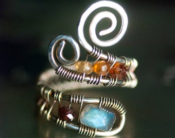 Labradorite Ring, Gemstone, Sterling Silver Wirework Ring - Blue Fire Labradorite, Deep Red Garnet, Orange Hessonite Garnet - "Nova"