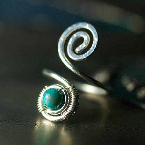 Turquoise Toe Ring, Argentium Silver Spiral Wirework Toe Ring - Chinese Turquoise, Nickel Free, Blue, December Birthstone - "Andromeda"