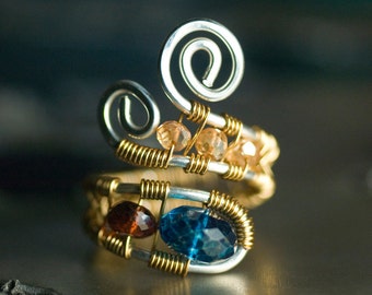 Blue Ring, Gold, Argentium Silver Ring, Nickel Free, Gemstone Wirework Ring - London Blue Quartz, Garnet, Champagne Quartz - "Monarch"