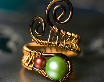 Green Pearl Ring, Copper Wirework Ring - Lime Green, Cranberry Freshwater Pearl, Brass, Gold, Vintage Bronze, June - "Mint Julep"