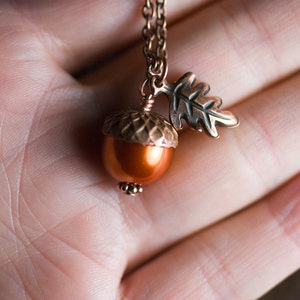 Pumpkin Glass Pearl Acorn Oak Leaf Necklace Antiqued Copper Wrapped Pendant Burnt Orange Autumn Fall Harvest image 5