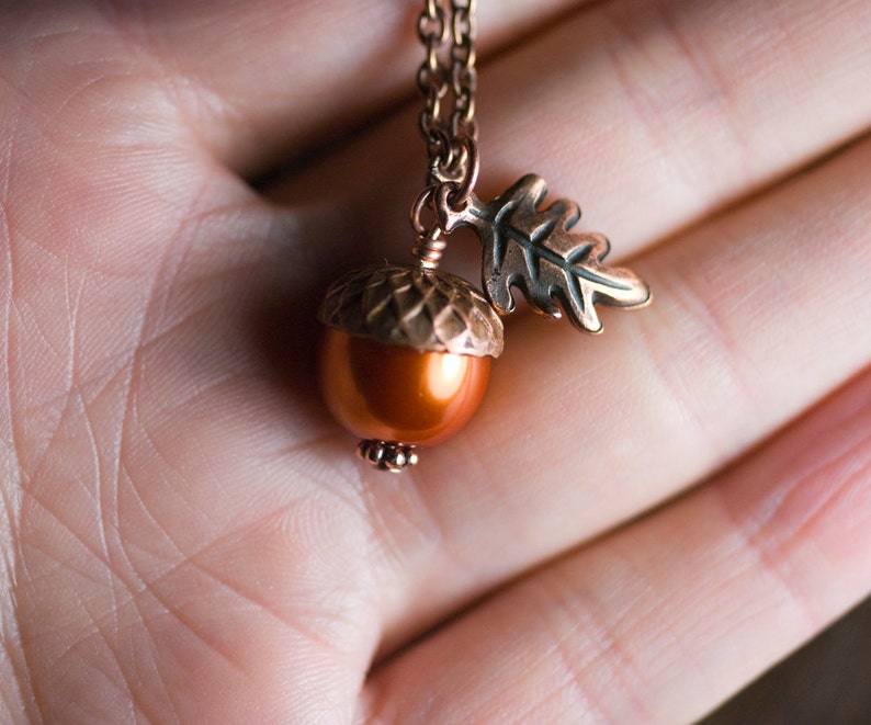 Pumpkin Glass Pearl Acorn Oak Leaf Necklace Antiqued Copper Wrapped Pendant Burnt Orange Autumn Fall Harvest image 5