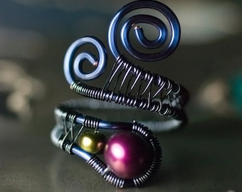 Pearl Ring, Purple Ring, Dark Blue Copper Wirework Ring - AA Mulberry Purple Freshwater Pearl, Peacock Olive Pearl, June  - "Dark Star"