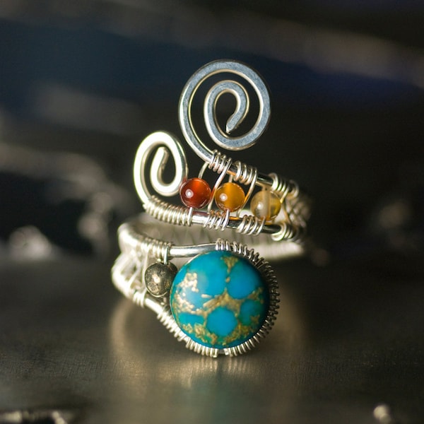 Turquoise Agate Pyrite Argentium Silver Wirework Ring - Cerulean, Azure, Nickel Free, December Birthstone, Sky Blue - "Fair Skies"