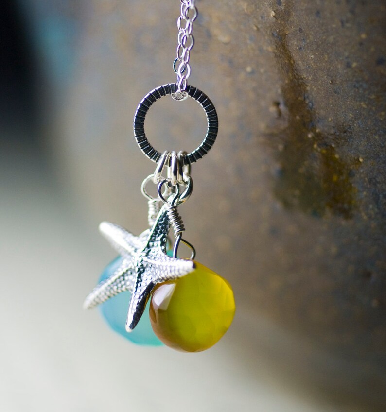 Sea Blue and Sunkissed Yellow Chalcedony Starfish Charm Sterling Silver Necklace Tranquility image 2