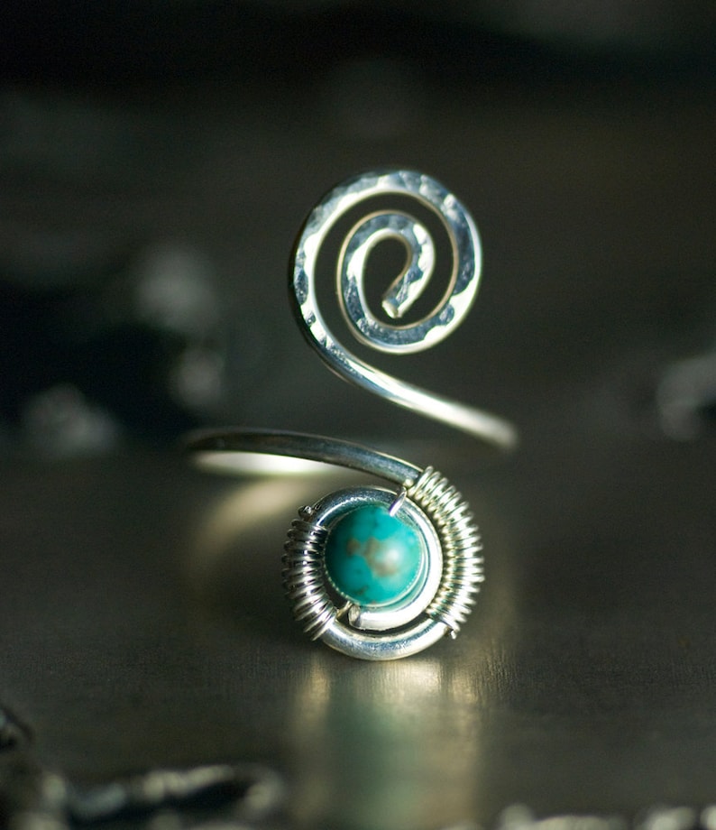 Turquoise Toe Ring, Argentium Silver Spiral Wirework Toe Ring Chinese