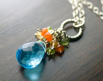 Blue Quartz Necklace, Gemstone Cluster Sterling Silver Necklace - Caribbean Blue Quartz, Carnelian, Citrine, Peridot, Pendant - "Jubilee"
