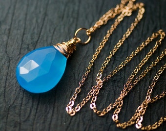 Azure Blue Chalcedony Rose Goldfilled Pendant Necklace by Mossandmist - "Wild Blue"