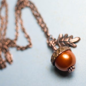 Pumpkin Glass Pearl Acorn Oak Leaf Necklace Antiqued Copper Wrapped Pendant Burnt Orange Autumn Fall Harvest image 4