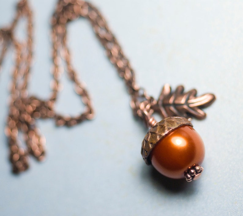 Pumpkin Glass Pearl Acorn Oak Leaf Necklace Antiqued Copper Wrapped Pendant Burnt Orange Autumn Fall Harvest image 4