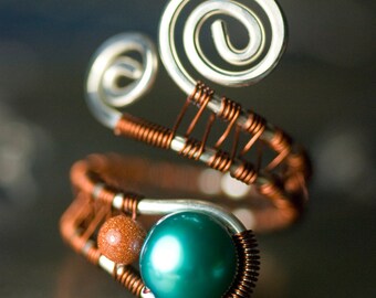 Teal Blue Ring, Sterling Silver Copper Wirework Ring - Turquoise Freshwater Pearl, Glittery Goldstone, Earthy, Amber, Brown - "Desert Sky"