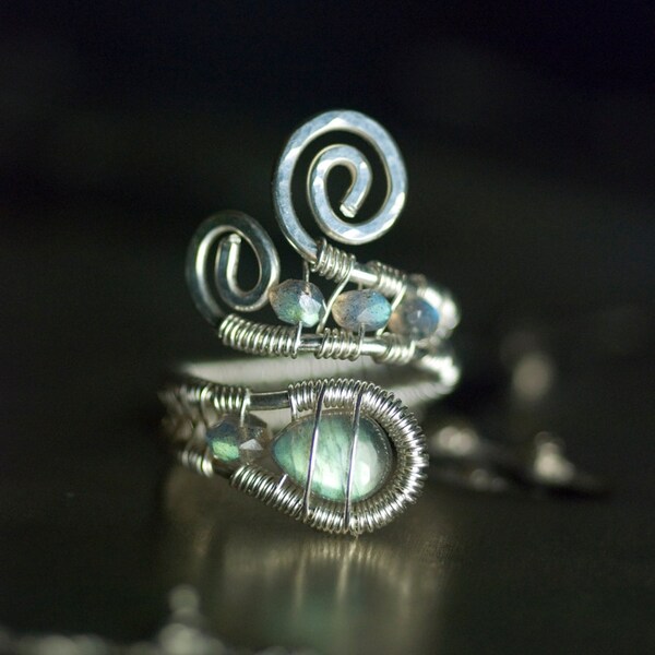 Argentium Silver Labradorite Ring: Iridescent Blue Green Wirework