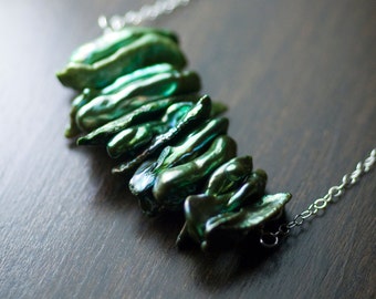 Deep Forest Green Biwa Pearl Cluster Pendant Sterling Silver Necklace - AA Grade, Modern, Iridescent, June Birthstone - "Evergreen"