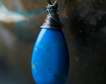 Blue Howlite Turquoise Wirewrapped Pendant Sterling Silver Necklace - Deep Blue Azure Sky Oxidized Nature MossandMist - "Montana Sky"