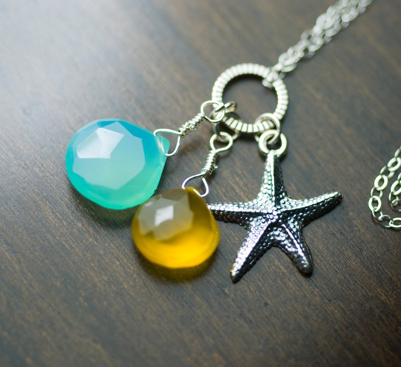 Sea Blue and Sunkissed Yellow Chalcedony Starfish Charm Sterling Silver Necklace Tranquility image 3