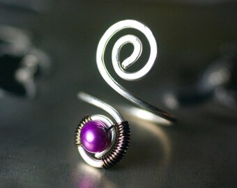 Purple Pearl Toe Ring Argentium Silver Spiral Wirework Freshwater Pearl Nickel Free June Birthstone - "Wildflower"