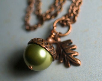 Green Swarovski Crystal Pearl Acorn Oak Leaf Necklace Antiqued Copper Wrapped Pendant Apple Green Autumn Fall - "Ginger Gold"