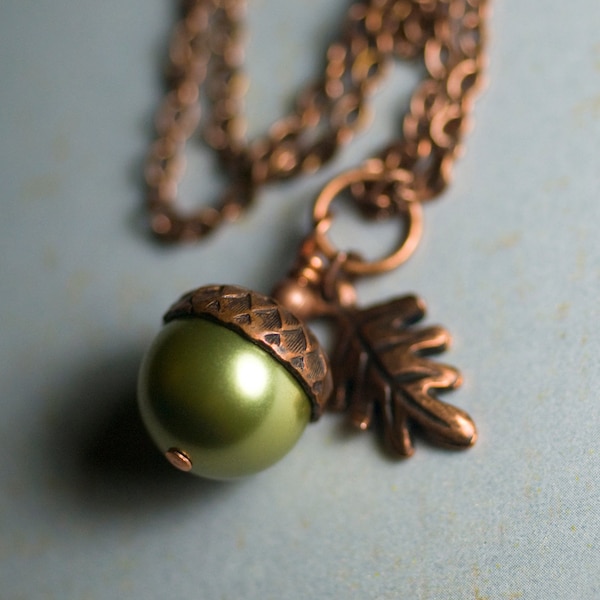 Green Swarovski Crystal Pearl Acorn Oak Leaf Necklace Antiqued Copper Wrapped Pendant Apple Green Autumn Fall - "Ginger Gold"