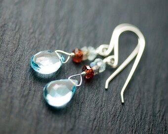 Sky Blue Topaz Garnet Labradorite Aquamarine Sterling Silver Earrings - AAA Grade, Light Blue, Gemstone, Dangle, November, March - "Stratus"