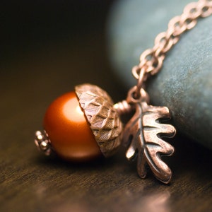 Pumpkin Glass Pearl Acorn Oak Leaf Necklace Antiqued Copper Wrapped Pendant Burnt Orange Autumn Fall - "Harvest"