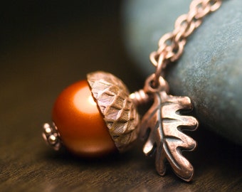 Pumpkin Glass Pearl Acorn Oak Leaf Necklace Antiqued Copper Wrapped Pendant Burnt Orange Autumn Fall - "Harvest"