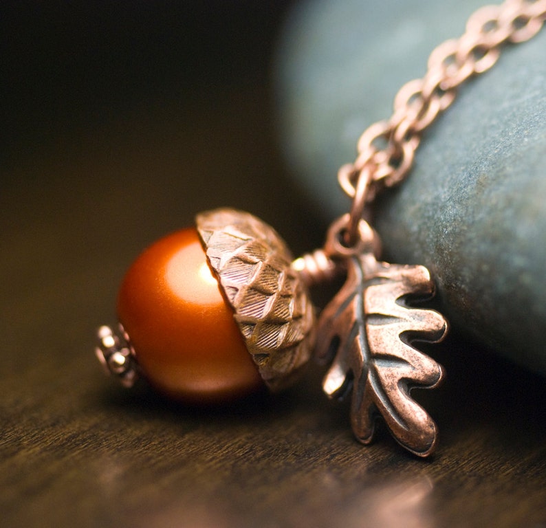 Pumpkin Glass Pearl Acorn Oak Leaf Necklace Antiqued Copper Wrapped Pendant Burnt Orange Autumn Fall Harvest image 1