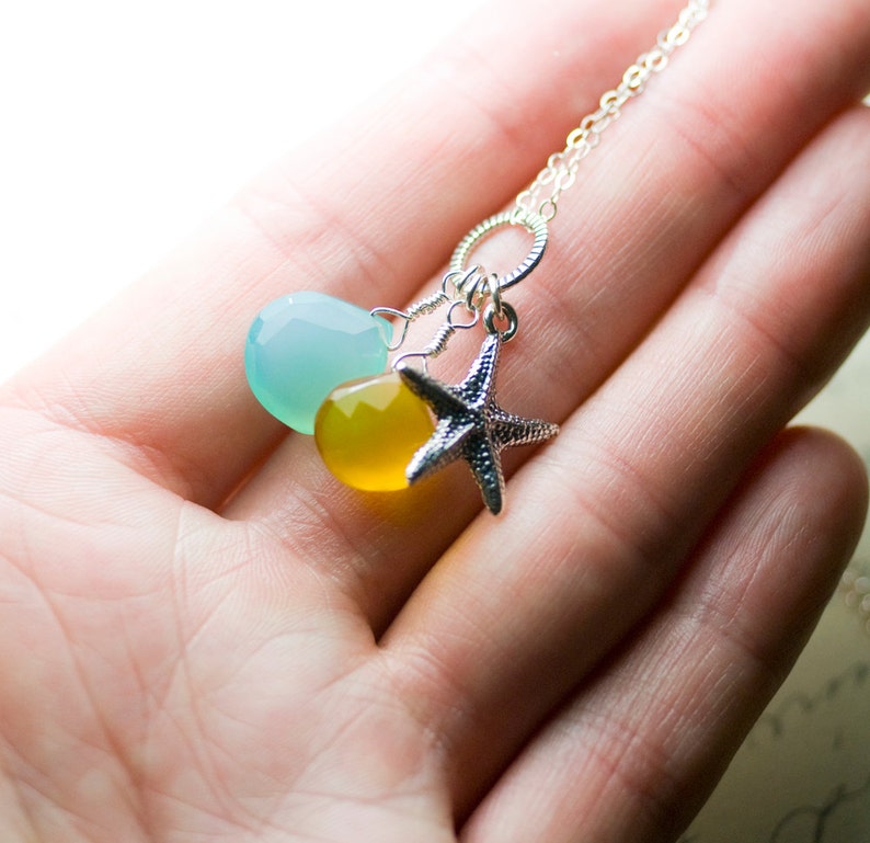 Sea Blue and Sunkissed Yellow Chalcedony Starfish Charm Sterling Silver Necklace Tranquility image 5