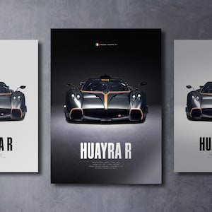 May include: A vertical poster featuring a dark grey Pagani Huayra R sports car centred against a black background. The car has orange accents, dual headlights, and a low profile. The text HUAYRA R appears in white below the car with technical specs.