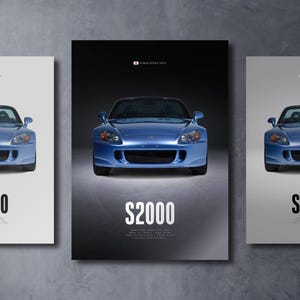 May include: A vertical poster featuring a front-facing light blue Honda S2000 (AP2) sports car centered on a dark background. The text S2000 appears in large white font at the bottom, accompanied by technical specifications and a small Japanese flag.