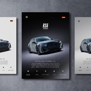 Pode incluir: Um cartaz vertical apresentando um carro Audi RS6 Avant Performance preto centralizado num fundo escuro. O texto diz Audi, RS6 Performance e Audi RS6 Avant Performance (C8) com especificações técnicas e uma pequena bandeira alemã.