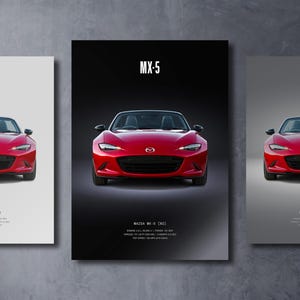 Mazda MX-5 ND - Poster de voiture | Art mural automobile | Cadeau pour amateur de voitures | Décoration murale pour enfants, chambre de garçons, bureau à domicile