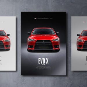 Puede incluir: Un póster vertical que muestra un Mitsubishi Lancer Evolution X FQ-330 rojo de frente. El texto dice MITSUBISHI LANCER EVOLUTION X FQ-330, EVO X y FQ-330, con especificaciones técnicas listadas debajo del coche sobre un fondo oscuro.