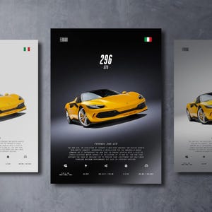 May include: Three posters featuring a yellow Ferrari 296 GTB sports car. The central poster has the car centered against a black background with the text "296 GTB" and "FERRARI". The Italian flag is in the upper right corner.