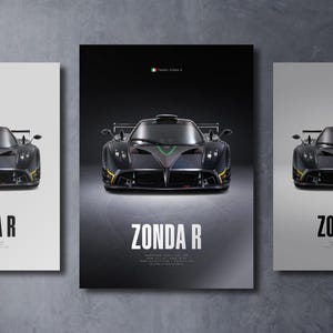 May include: A vertical poster featuring a front-facing black Pagani Zonda R sports car with green accents. The text ZONDA R is printed in large white letters below the car, with smaller technical specifications and an Italian flag icon above.