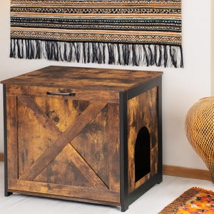Wooden Cat Litter Box Cabinet, Rustic Hidden Cat Enclosure, Mid Century Cat Furniture, Wooden End Table