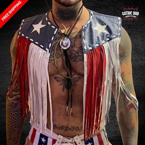 Customized American Flag Leather Fringe Vest, Unisex Western Style, Handmade Genuine Leather, Patriotic Festival Wear, All Sizes Available