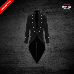 May include: A black velvet tailcoat with silver buttons. The coat has a high collar and a long, pointed tail.