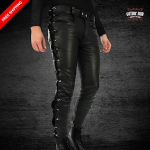 Men&#39;s Black Leather Lace-Up Pants, Genuine Leather Trousers, Vintage Biker Style, High-Waisted Slim Fit, All Sizes Available, Gift For Men&#39;s