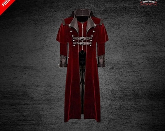 Chaqueta militar de terciopelo estilo steampunk gótico: abrigo de bandolero rojo y negro